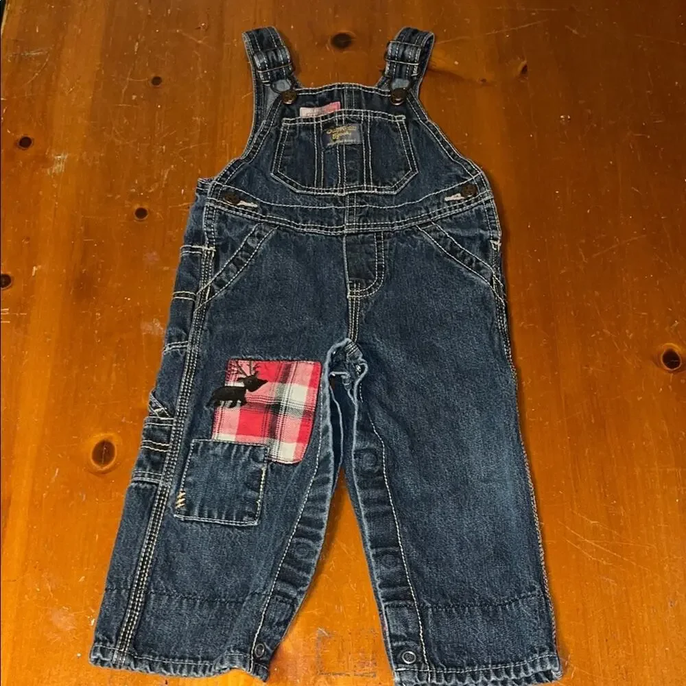 Oshkosh Bigosh Kids Denim Overalls with Red Plaid Patch Size 12M